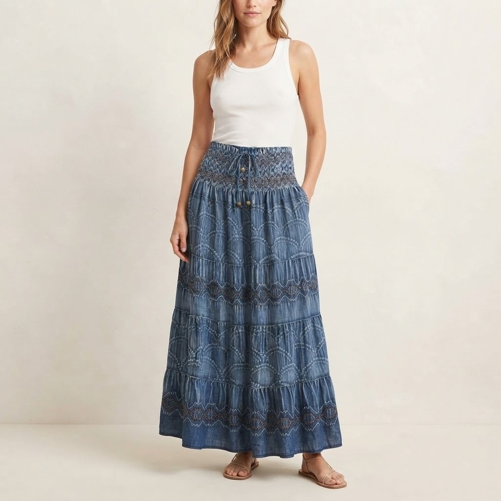 Sacred Threads Blue Denim Chambray Tiered Maxi Skirt Smocked Waist Boho Size OS